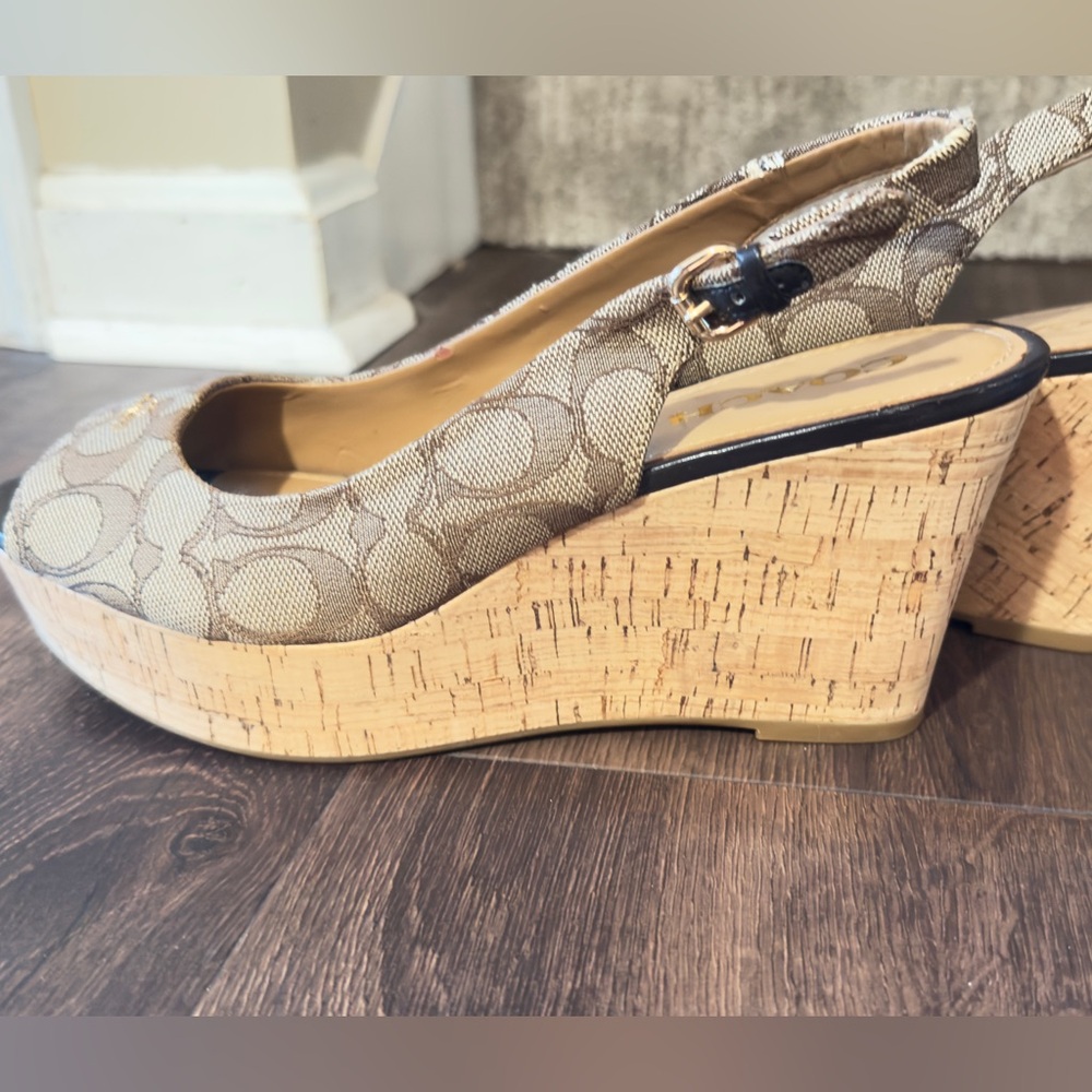 Coach Brown Patterned Peep-Toe Wedges